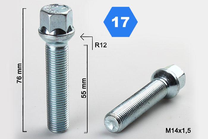 M14x1,5, Radius 12, Wielbout radius, Draadlengte 55mm, SW 17, o.a. Mercedes